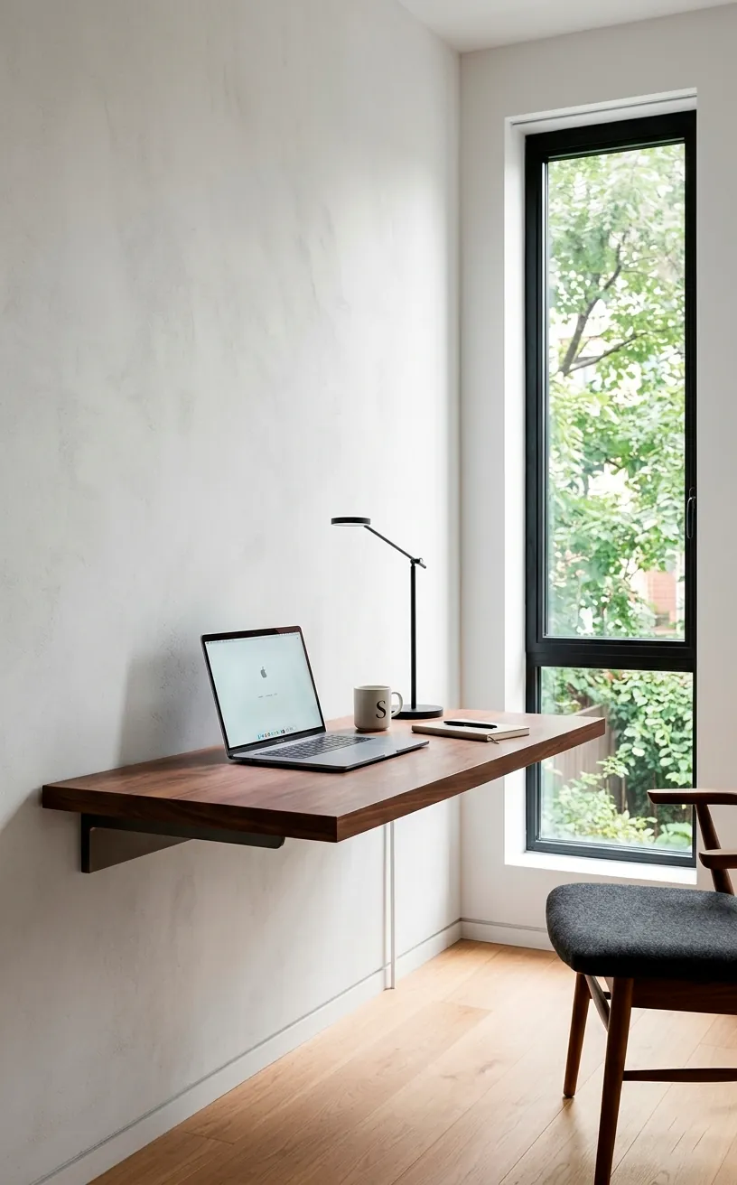 Dark walnut cantilevered desk in a bright minimalist office.
