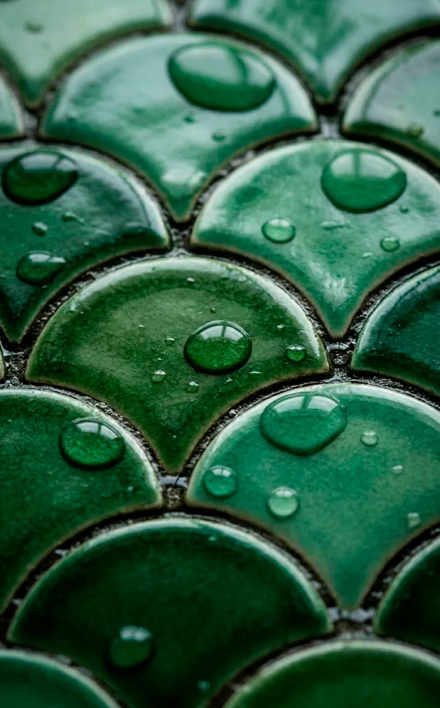 Detail of glossy emerald scalloped tiles with realistic light reflections.