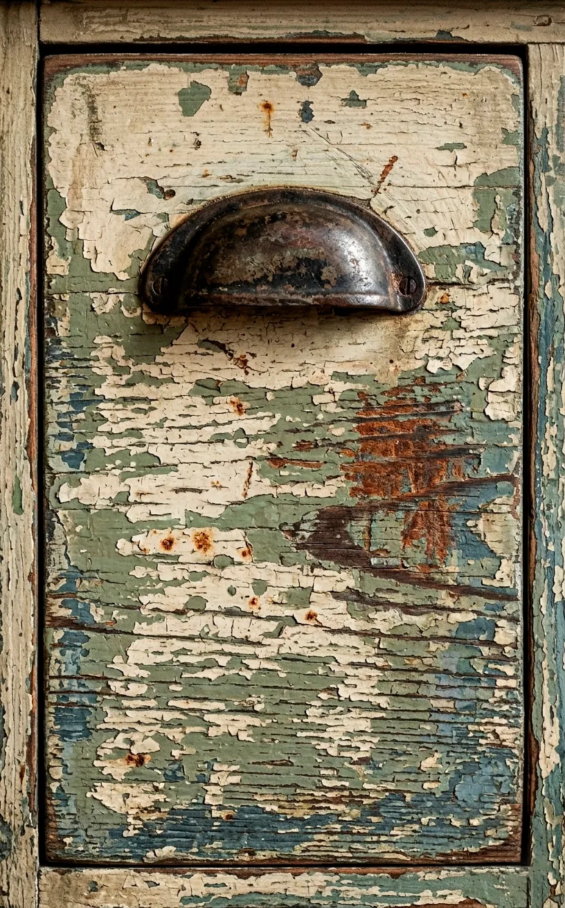 Close-up of distressed blue paint and iron handles on farmhouse furniture.