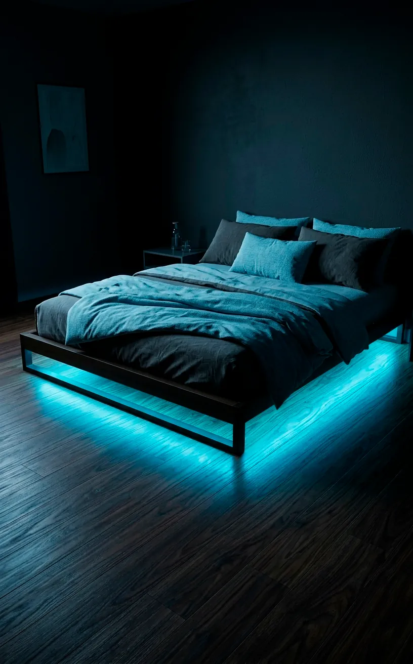 Under-bed ice-blue neon lighting creating a floating effect in a modern bedroom.