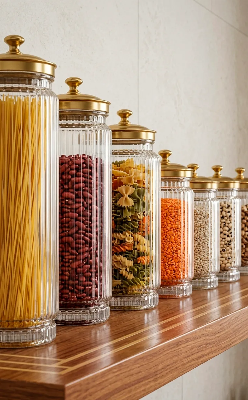 Ribbed glass pantry canisters with brass lids filled with dry goods.