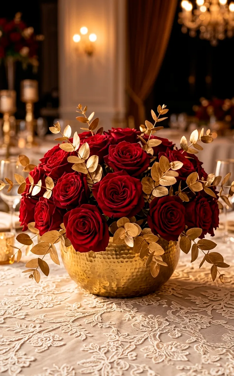 Low gold bowl filled with red roses and gold eucalyptus leaves on a lace cloth.