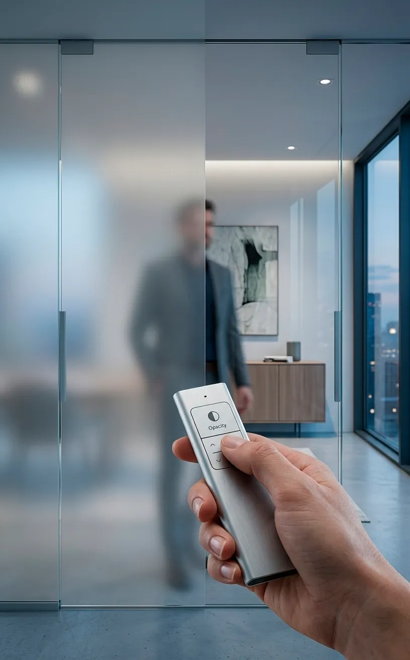 Smart glass door transitioning from clear to opaque for modern home privacy.