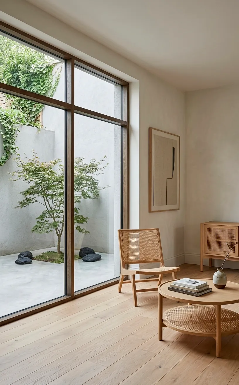 Elegant Japandi room with Shaded White walls and cane furniture.