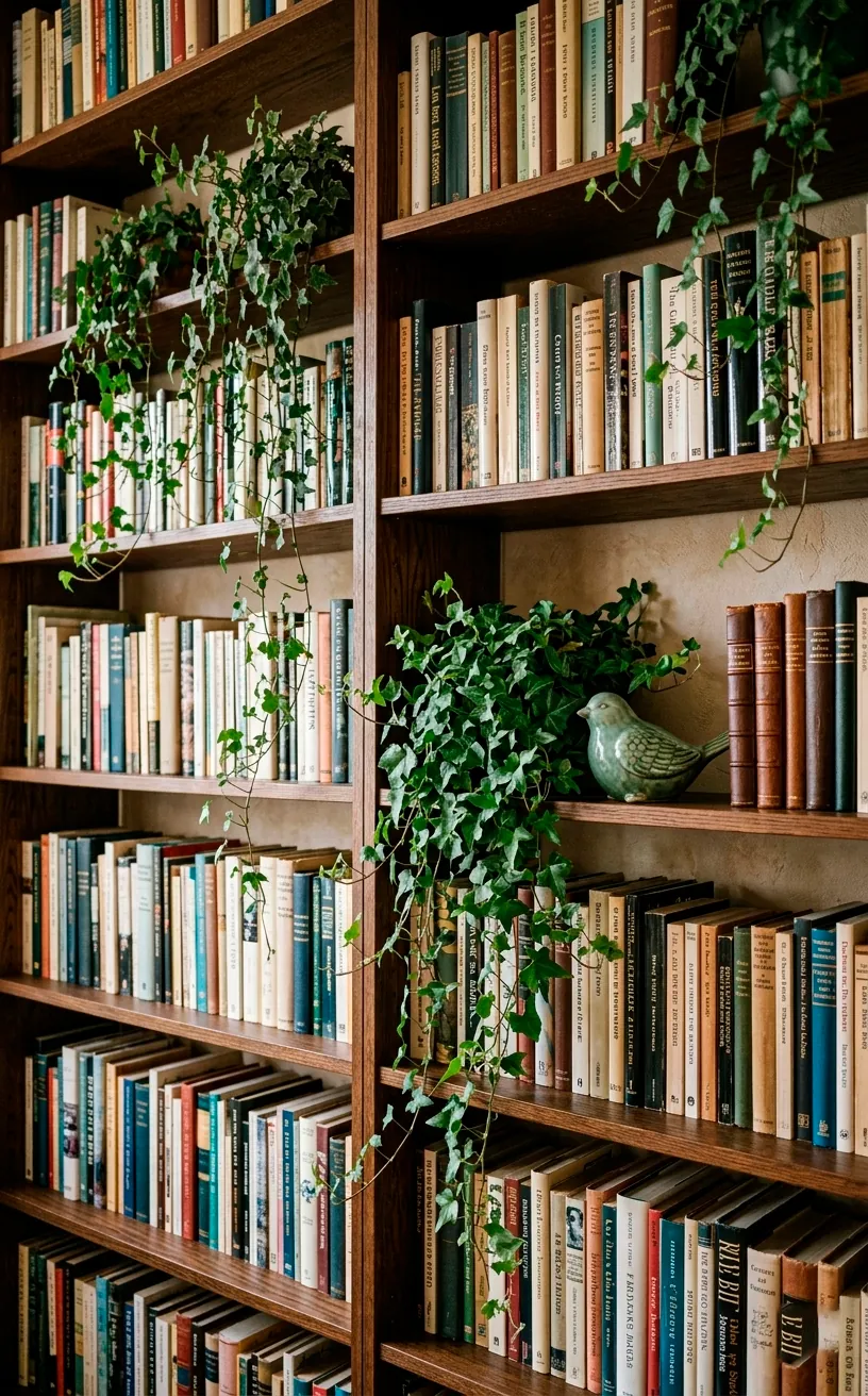 Wooden bookshelf filled with books and trailing ivy plants in a cottagecore room.