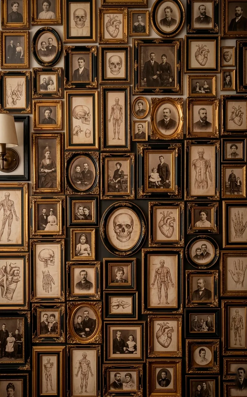 Gallery wall with ornate frames and vintage sepia portraits.