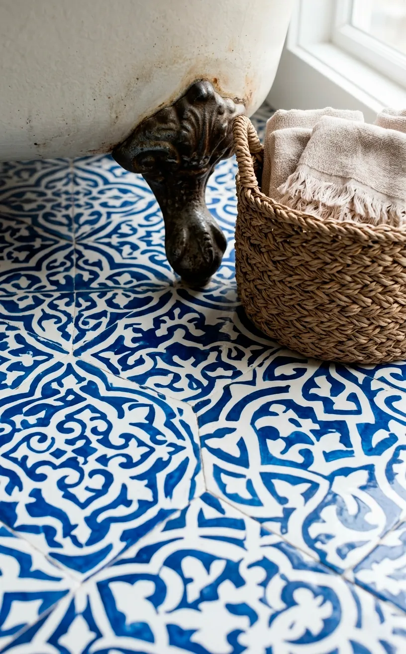 Close up of geometric Moroccan vinyl tiles in a cozy interior setting.