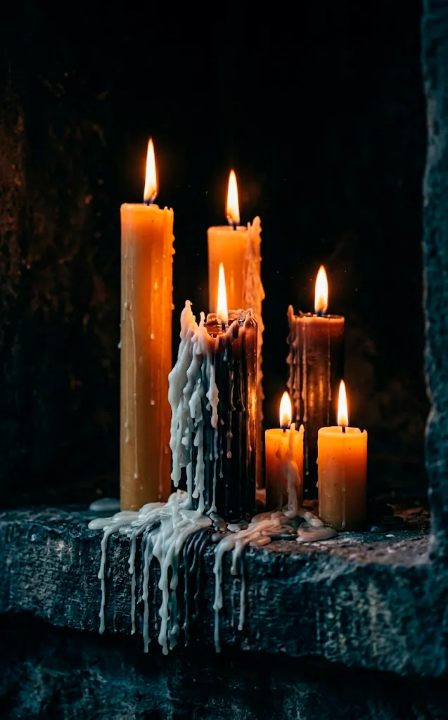 Detailed shot of dripping wax candles with warm flames in a dark setting.