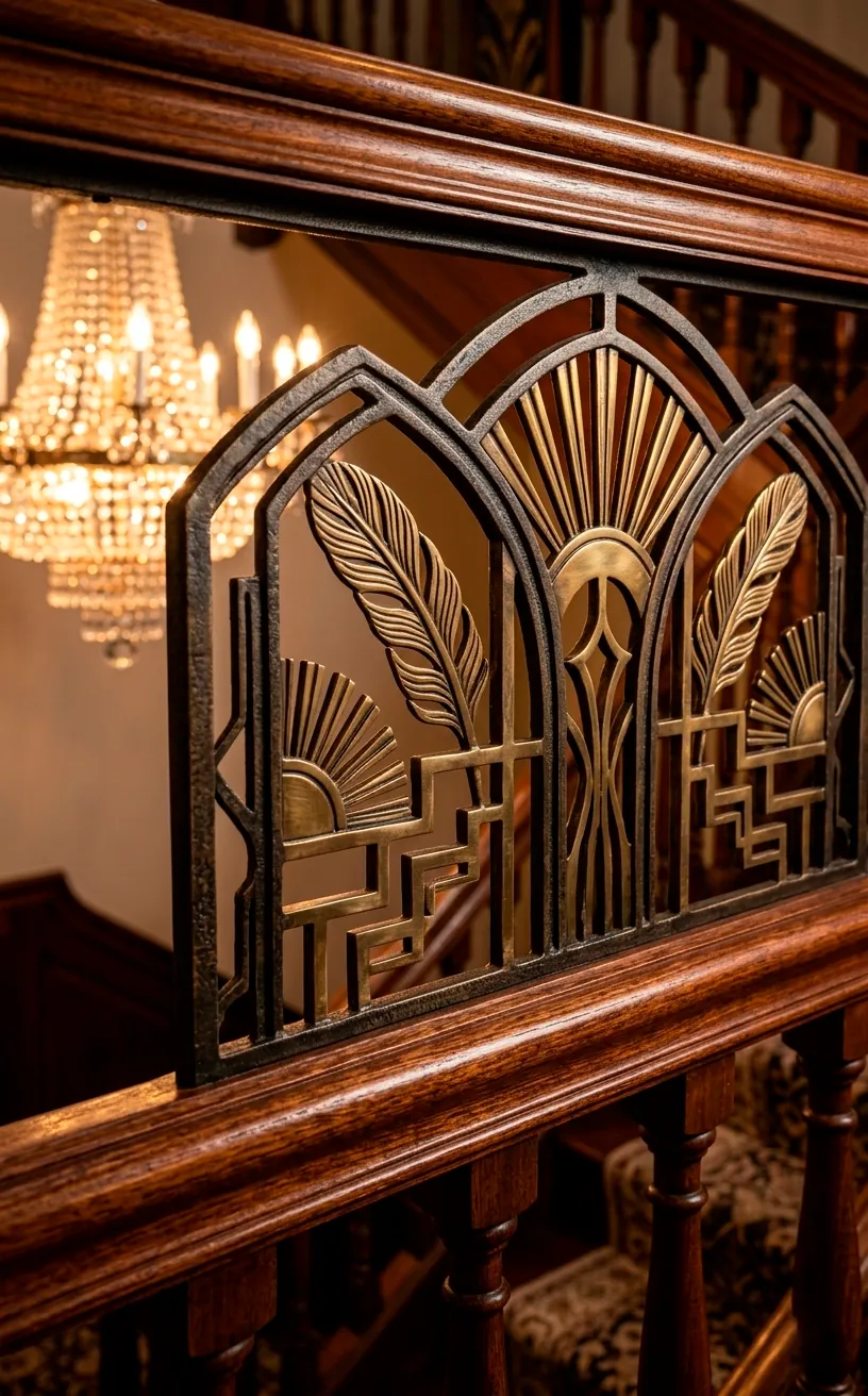 Close-up of an ornate Art Deco iron and brass railing on a mahogany staircase.