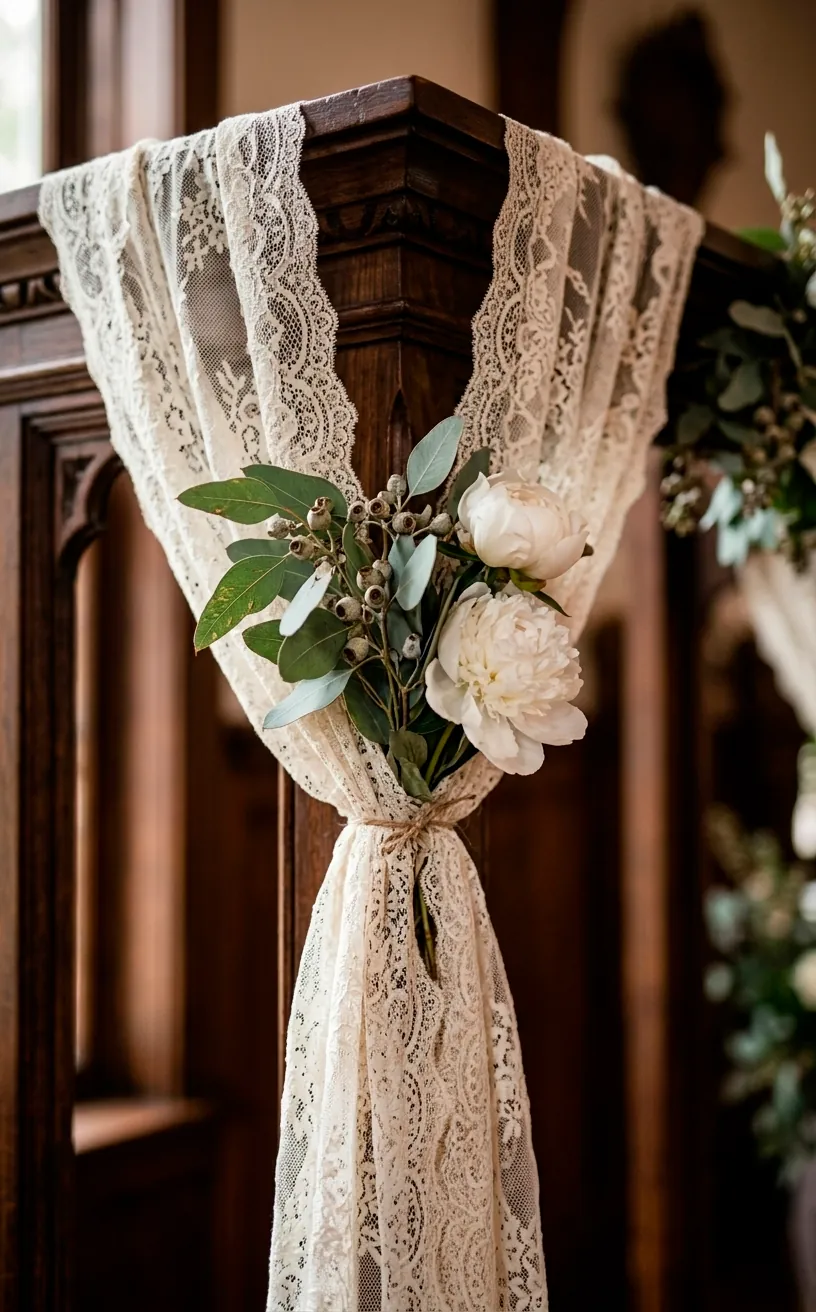 Detail shot of lace fabric and flowers attached to a wooden wedding altar beam.