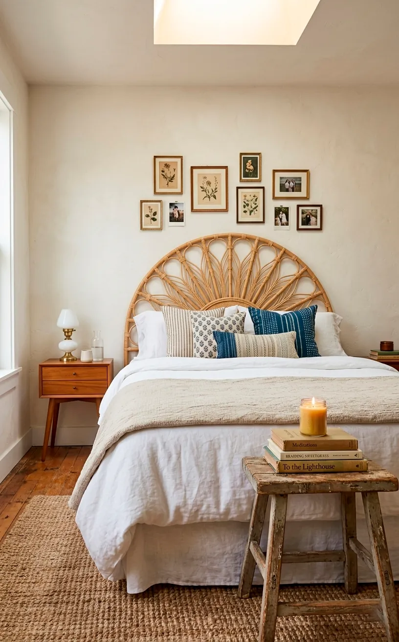 Boho bedroom with a rattan headboard and mismatched nightstands for an eclectic look.