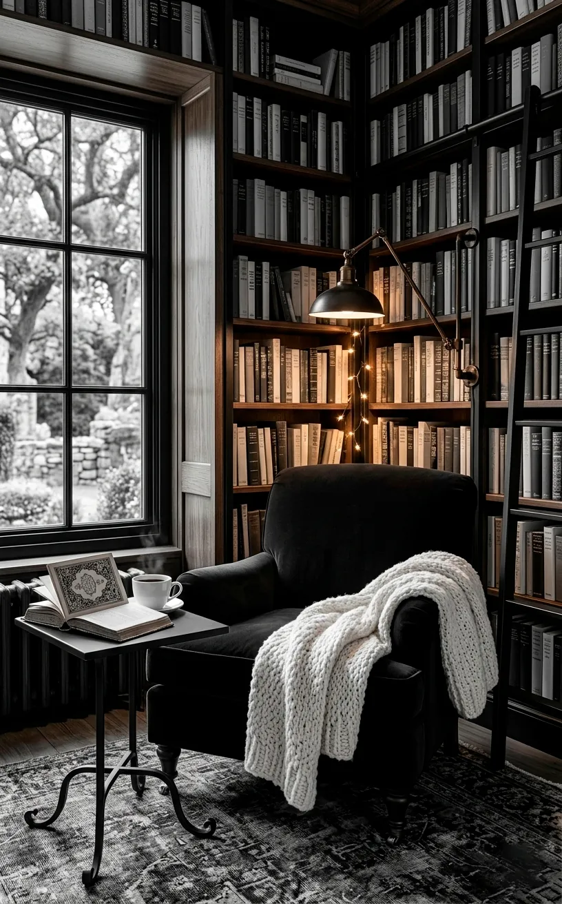 Cozy reading nook with a black velvet chair and white knit blanket in a monochrome library.