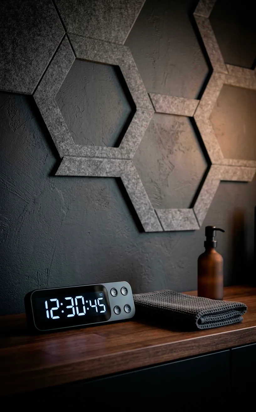 Detail of slate-grey acoustic panels and a digital timer in a charcoal gym.