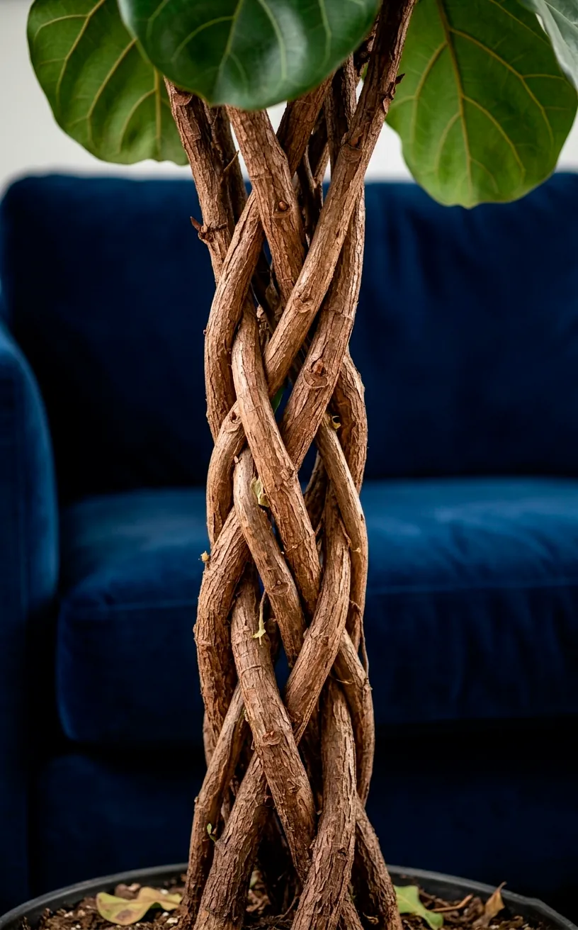 Close-up detail of an intertwined braided trunk of a Fiddle Leaf Fig tree.