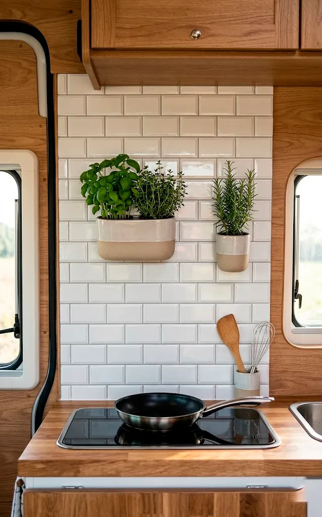 White subway tile backsplash in a camper van kitchen with modern appliances.