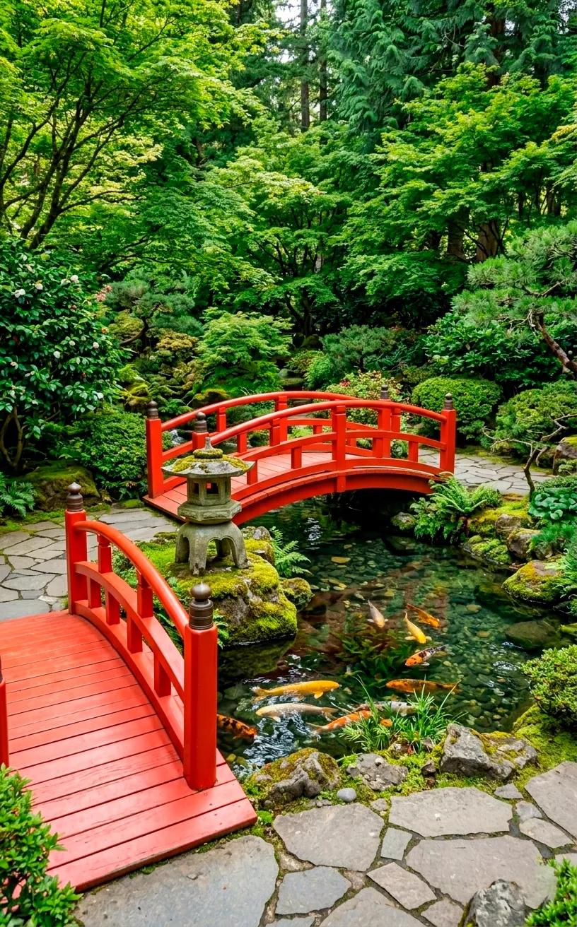 Classic red Japanese footbridge arching over a backyard koi pond with green foliage.