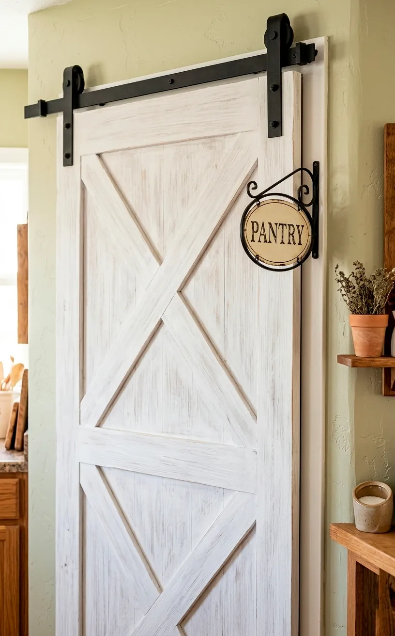 White sliding barn door pantry entrance with vintage sign.