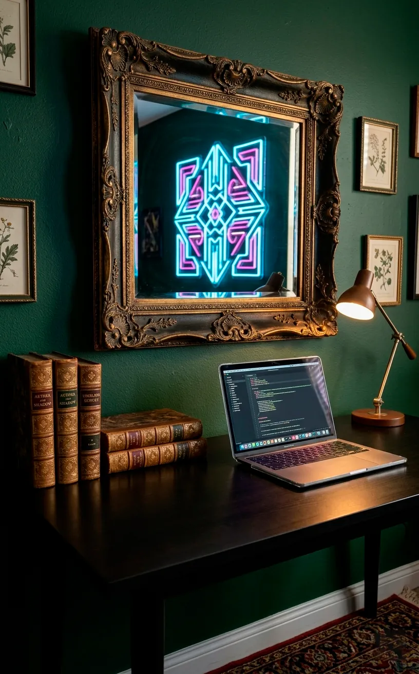 Modern black desk with an antique Victorian mirror and vintage books.