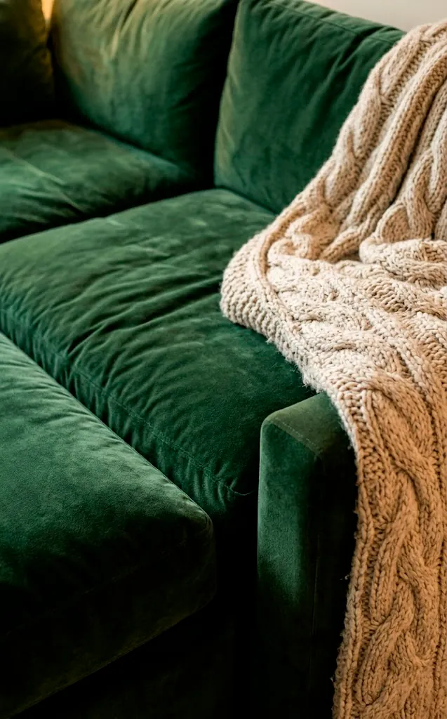Close-up of plush emerald velvet cushions and a chunky knit blanket on a modular sofa.