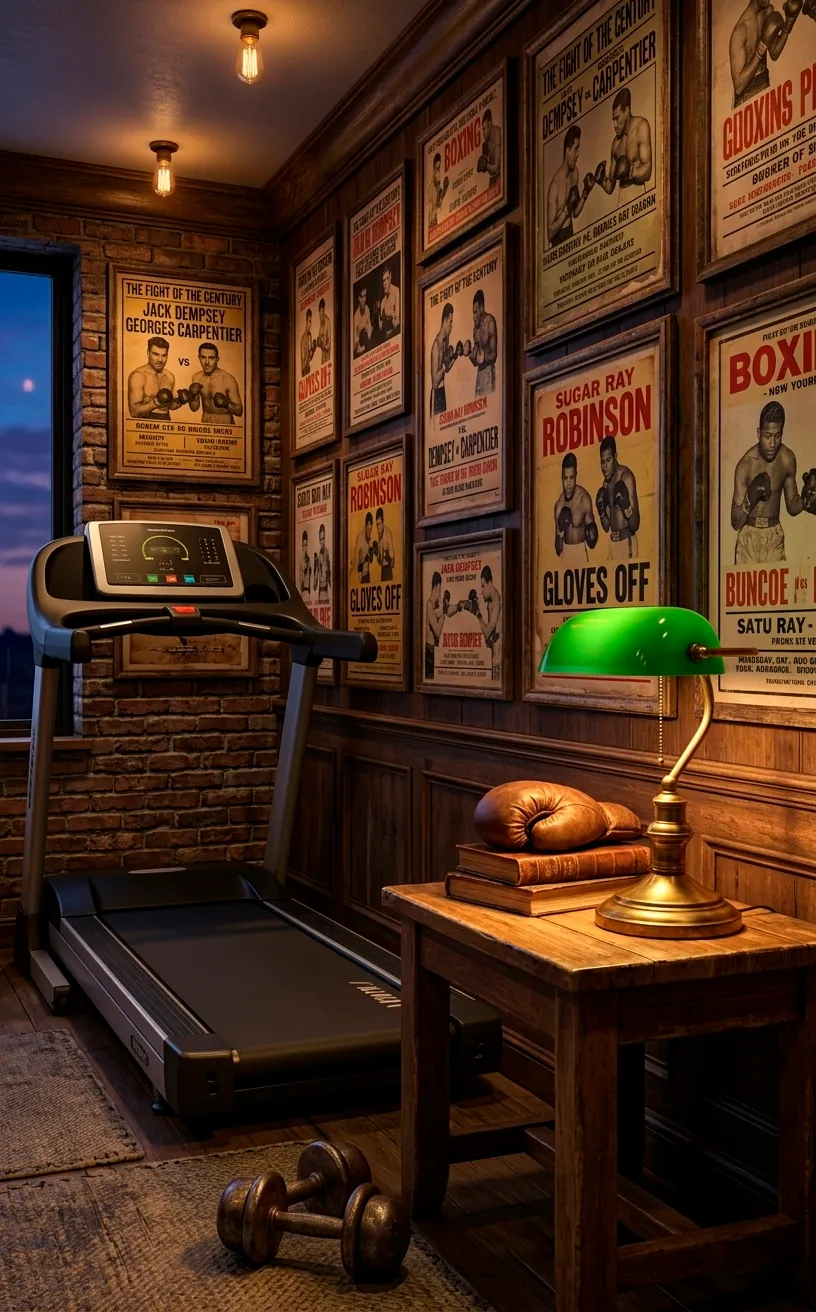 Warm brass lamp lighting up a home gym with a modern treadmill and vintage posters.