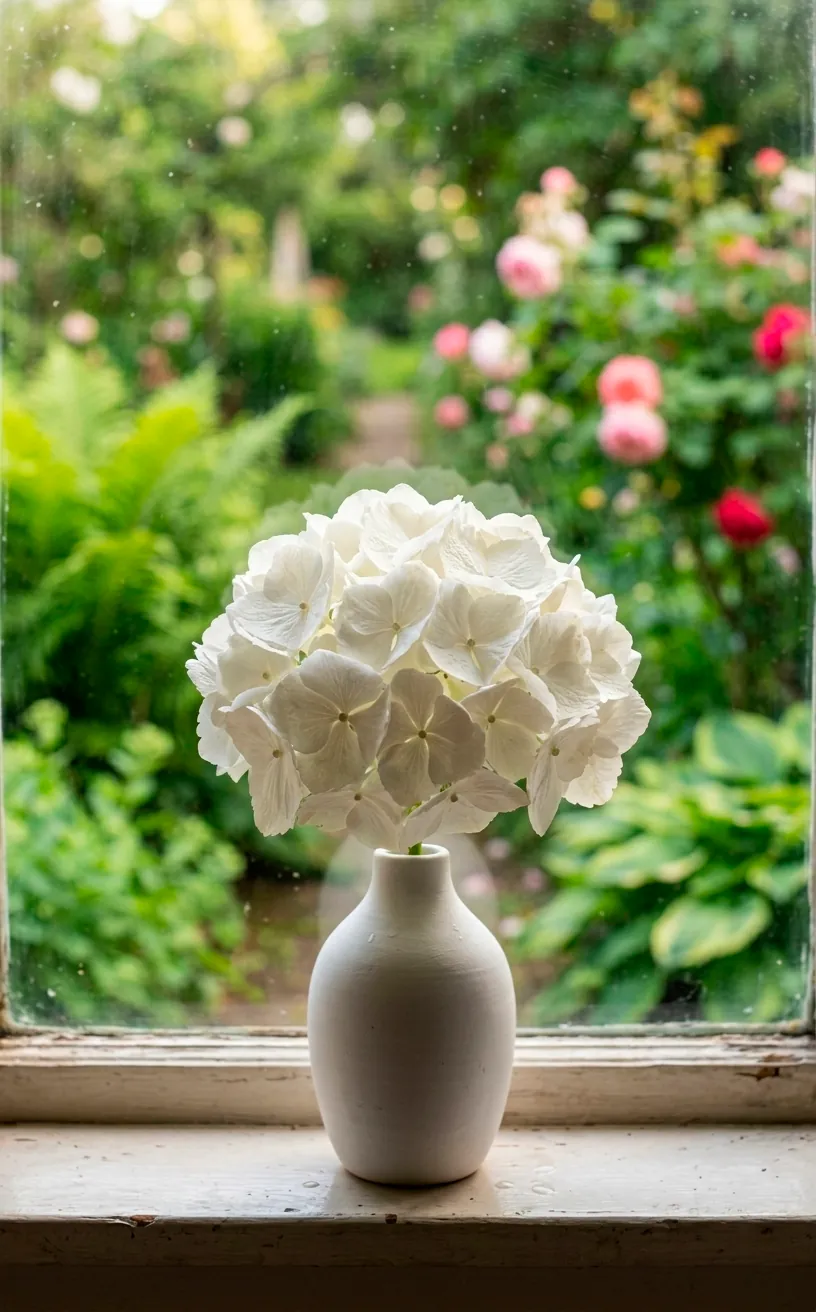 Single white hydrangea in a ceramic vase on a sunny windowsill.