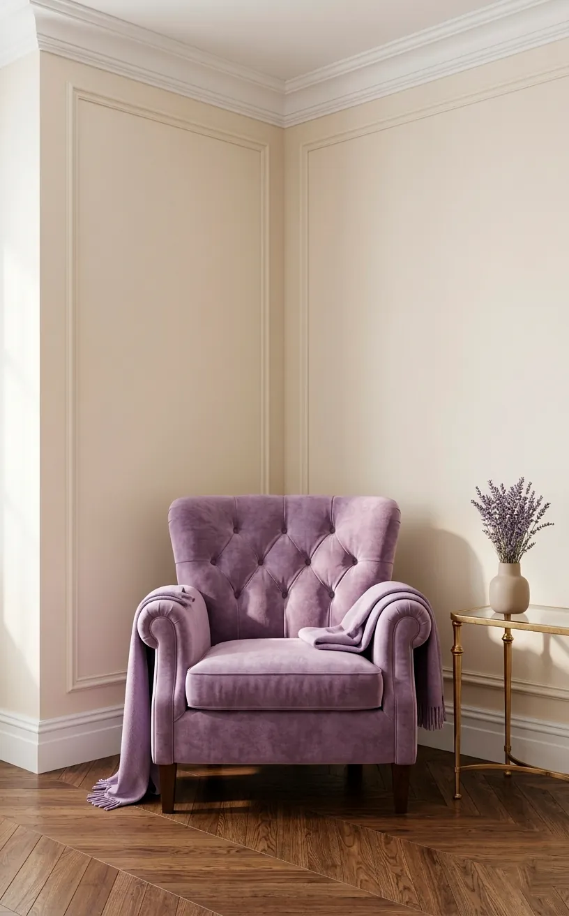 Lavender velvet armchair with a gold side table in a sophisticated white room.