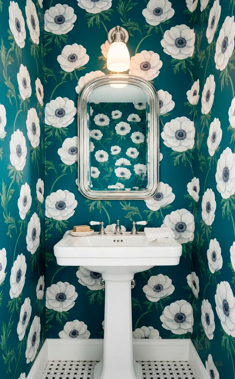 Dark teal wallpaper with white anemones and a silver-framed mirror in a classic bathroom.