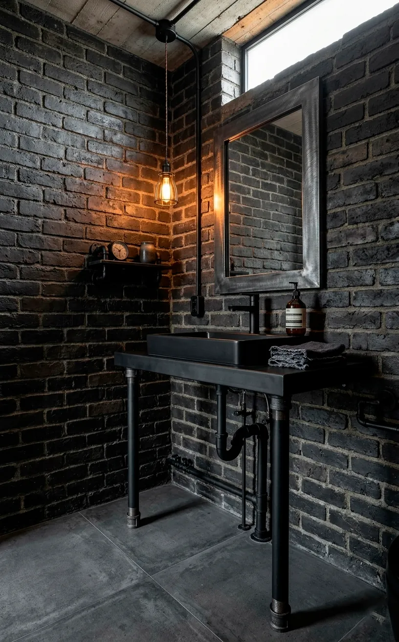 Industrial powder room with black pipe fixtures and a dark brick wall.