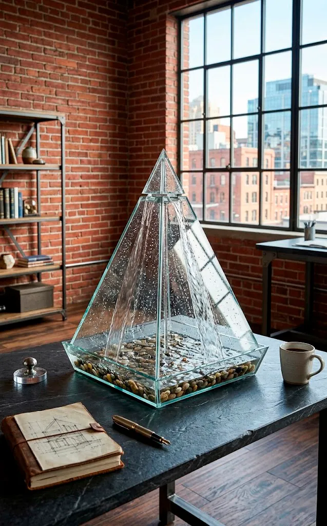 Architectural glass pyramid water feature on a stone desk in an industrial style office.