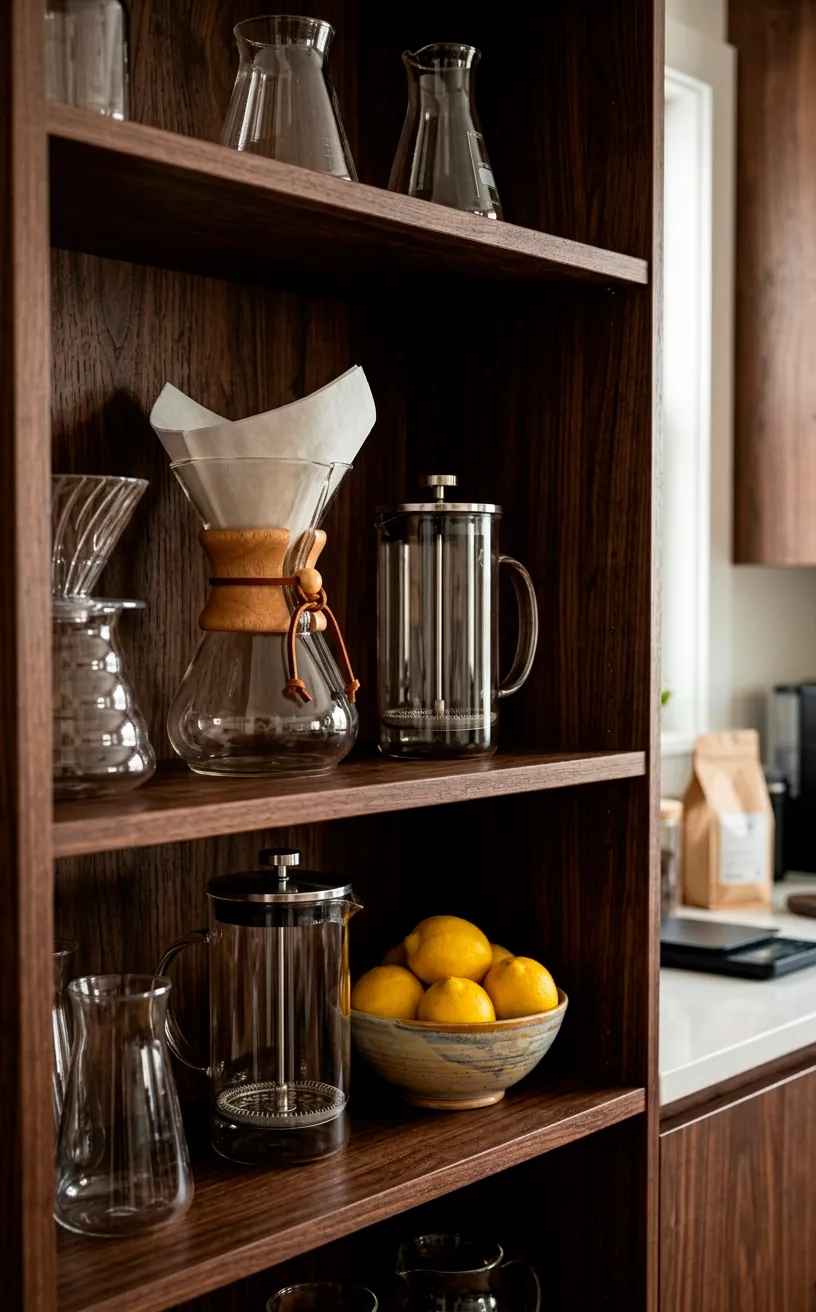 Glass coffee brewers on dark walnut shelves with vintage aesthetic.