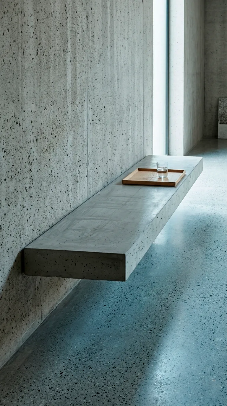 Long cantilevered concrete bench in a brutalist industrial backyard.