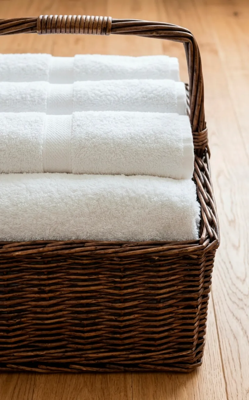 Wicker basket with white towels on a wooden floor.