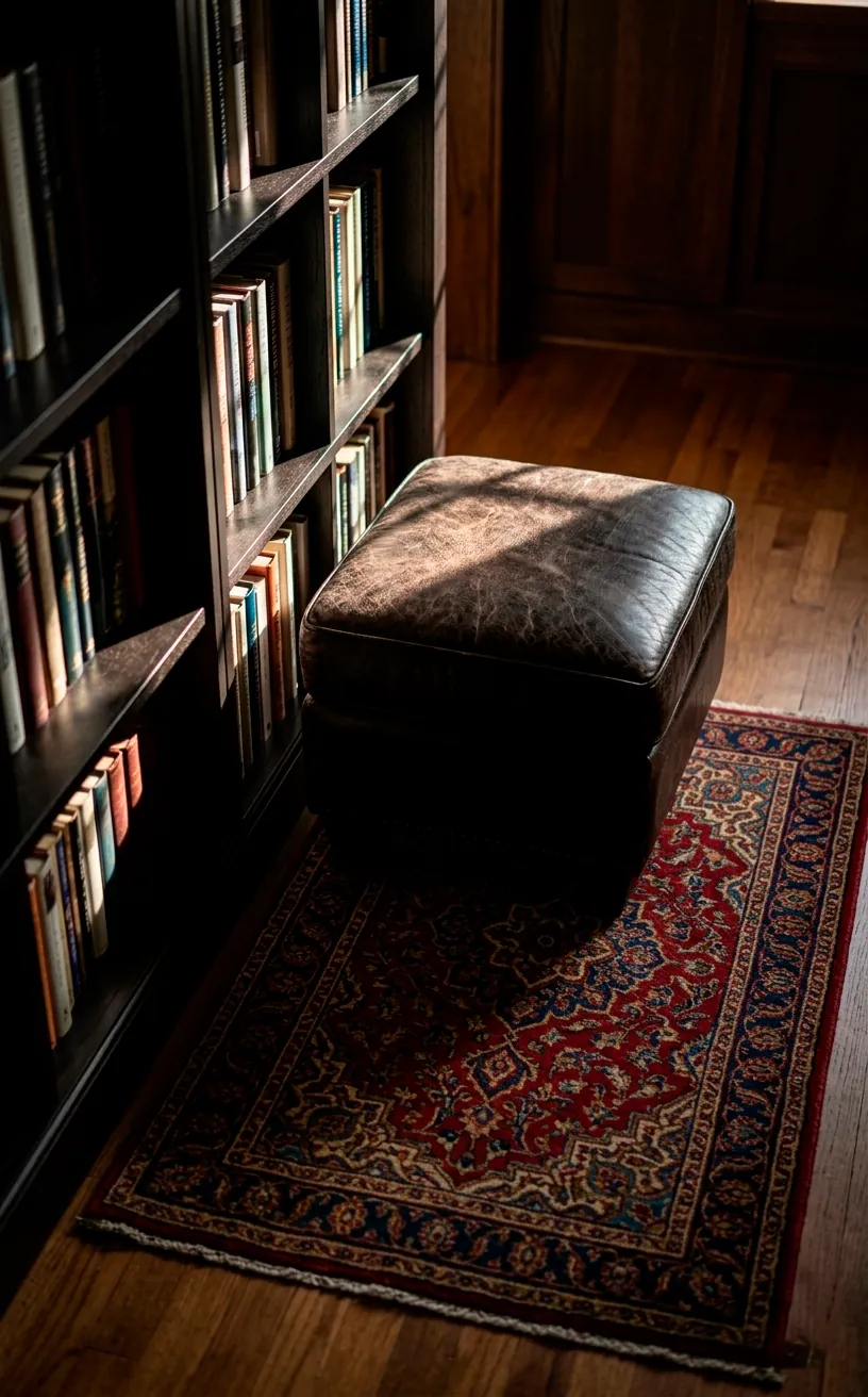 A leather ottoman on a Persian rug in a library nook.