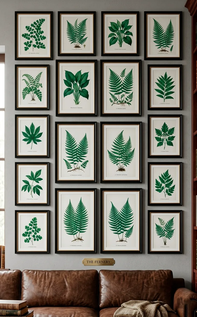 Gallery wall of emerald green botanical prints and fern illustrations in a library.
