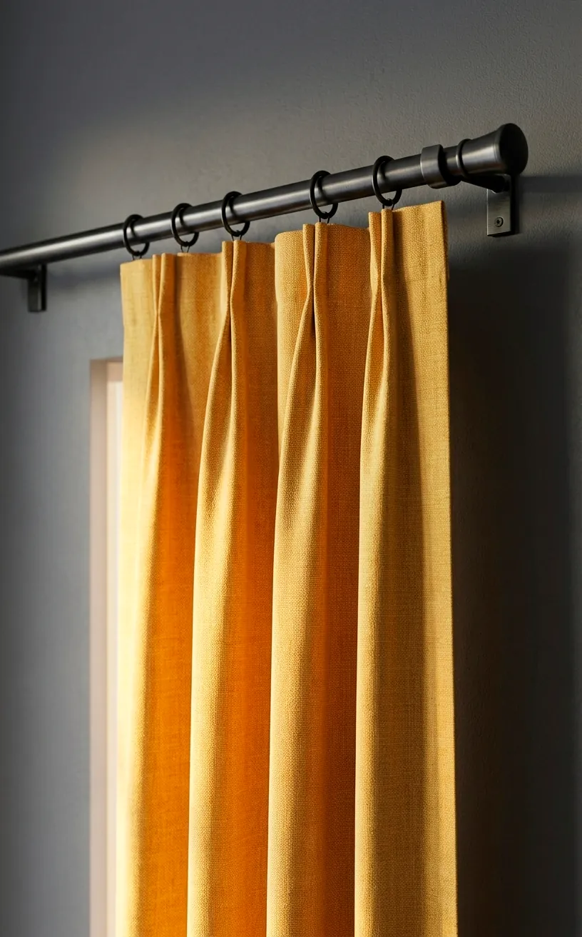 Close-up of yellow textured curtains on a black rod against a dark grey bedroom wall.