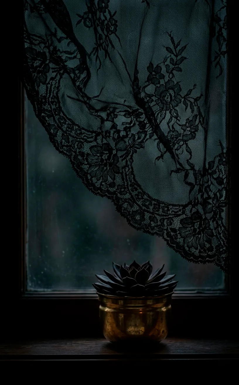Sheer black lace curtains with floral patterns silhouetted against a window.