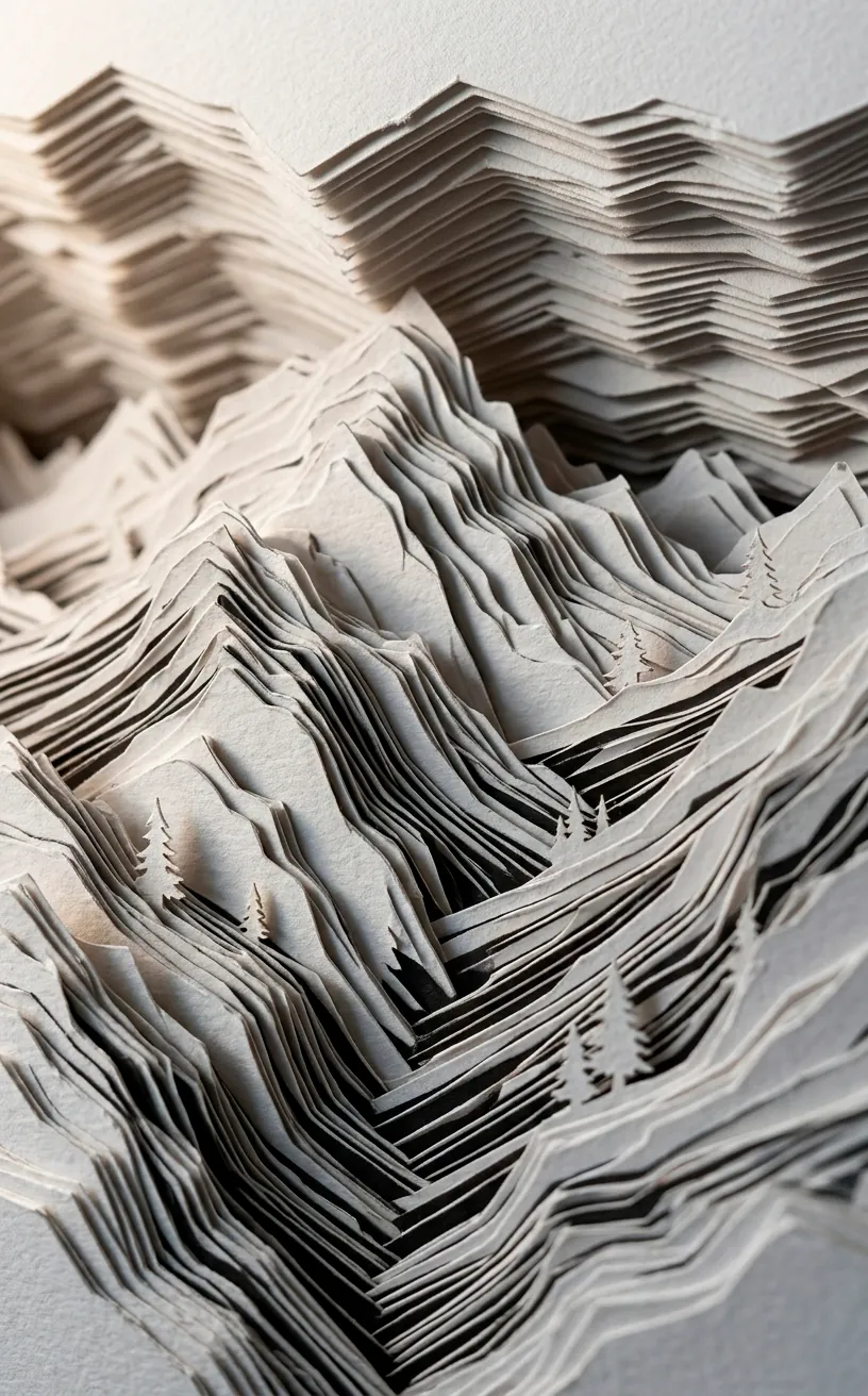Detailed side-view of 3D layered paper art showing topographic elevation.