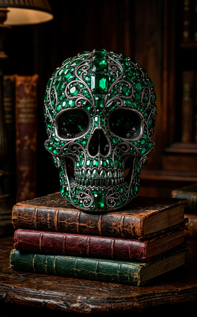 Jewel-encrusted skull with emeralds sitting on old leather-bound books.