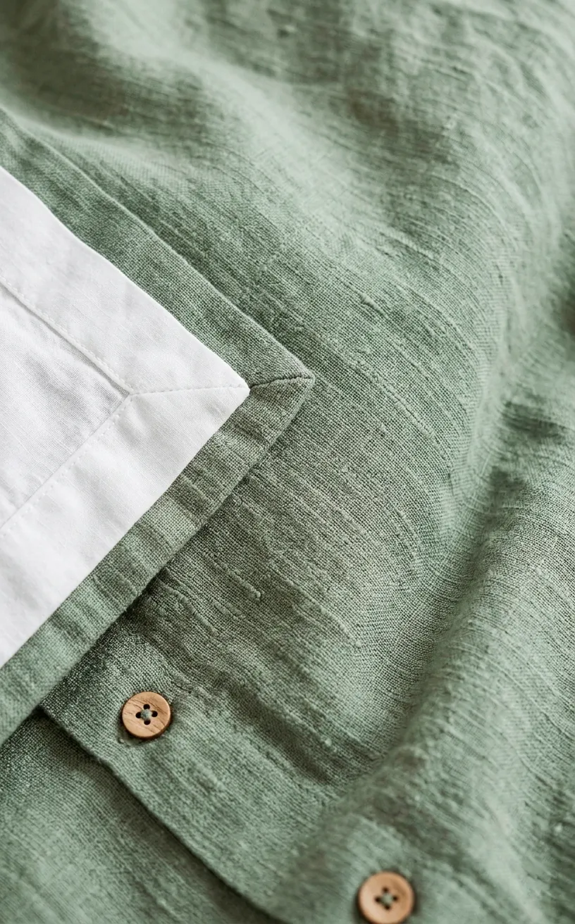 Detail of soft sage green linen fabric texture on a duvet cover.