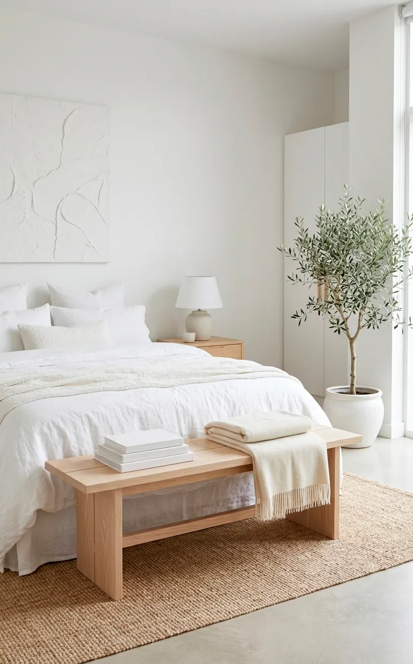 Minimalist white bedroom featuring light oak accents and a small indoor tree for warmth.