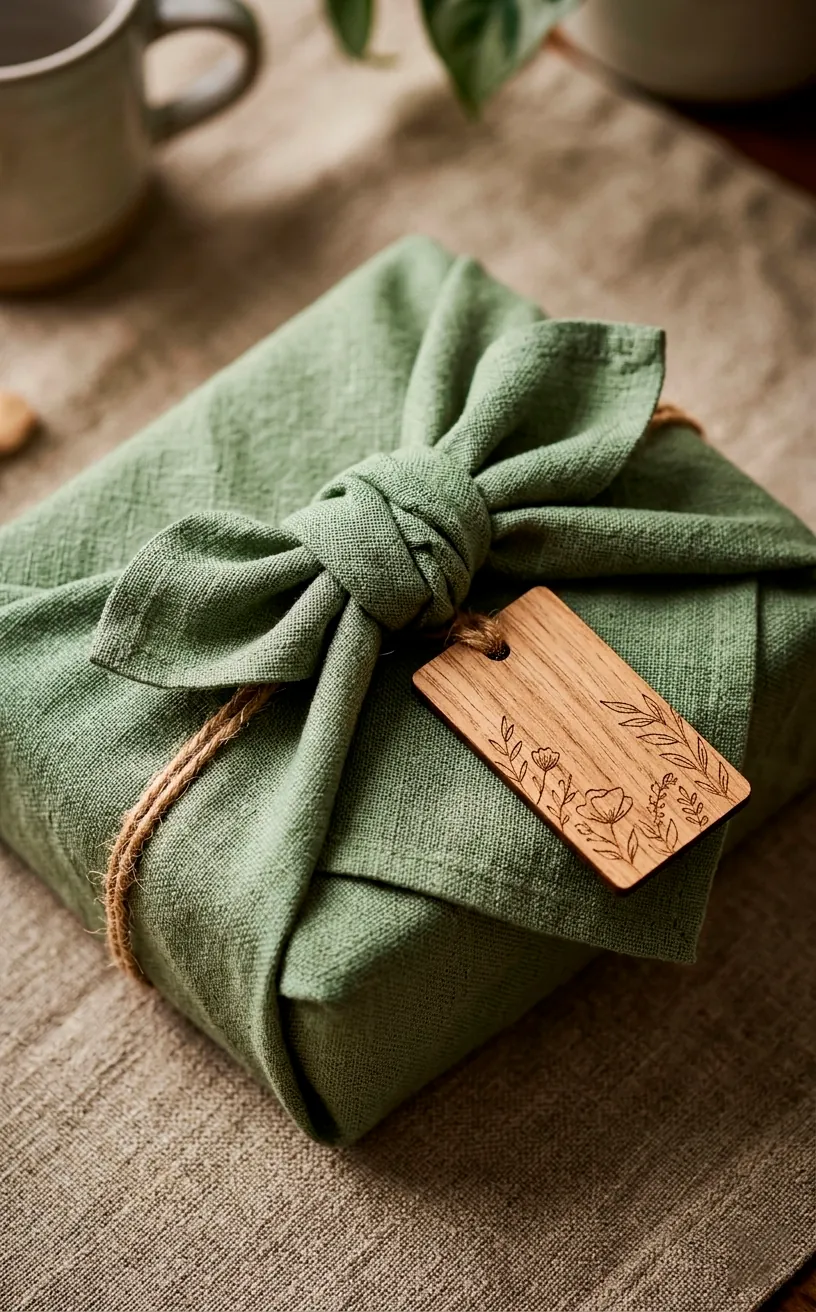 Furoshiki fabric gift wrapping with a wooden tag.