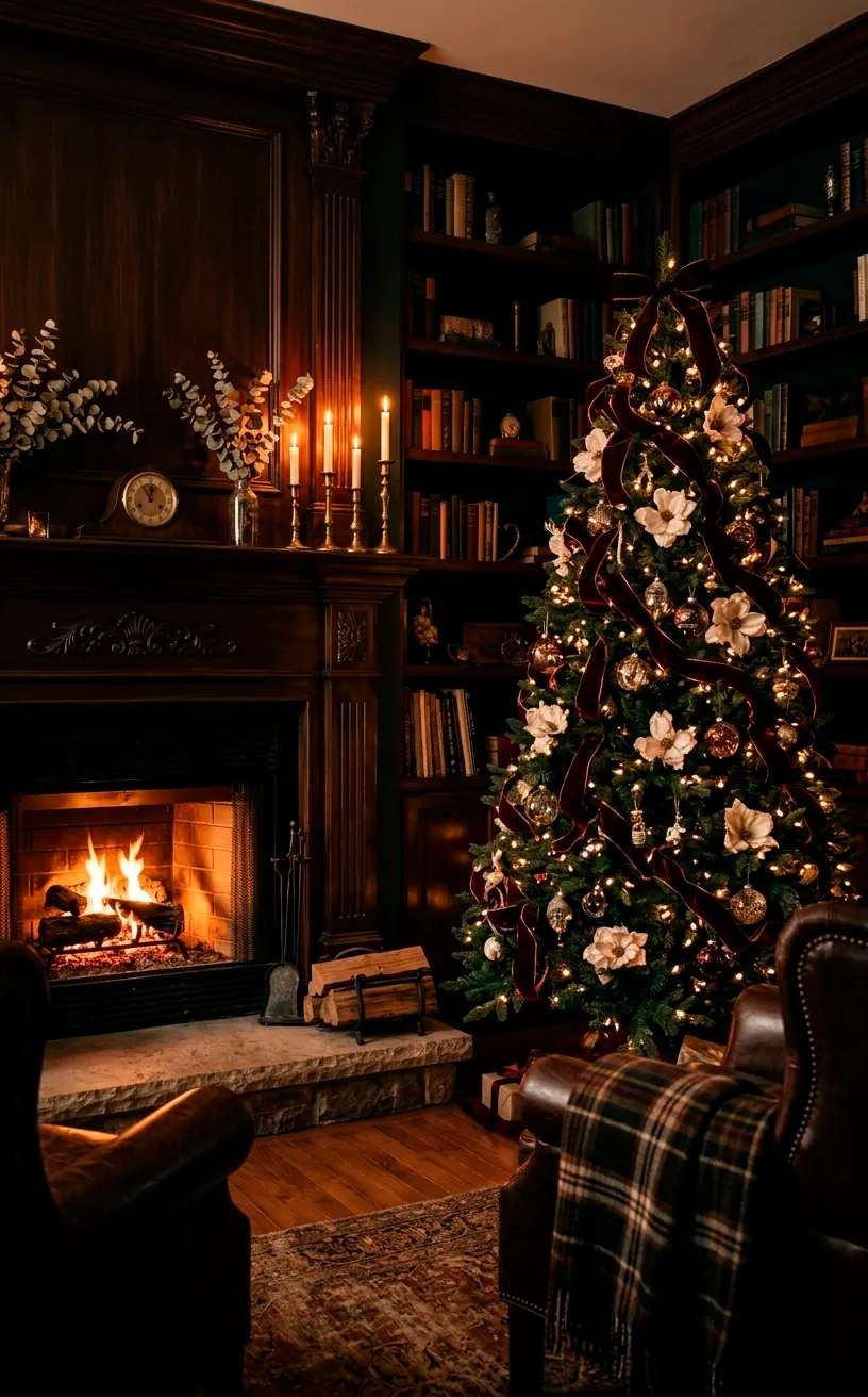 Moody chocolate cherry and cream Christmas decor in a cozy library living room.
