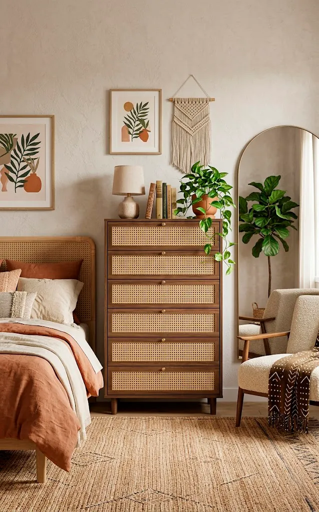 Dresser with natural cane webbing drawer fronts in a bright mid-century modern bedroom.