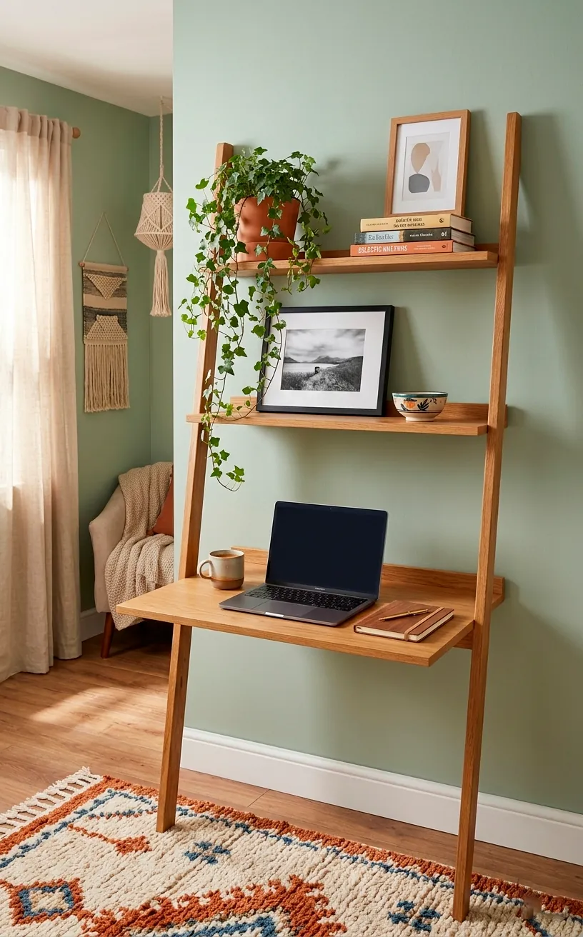 An oak ladder desk leaning against a green wall, decorated with plants and books in a guest room.