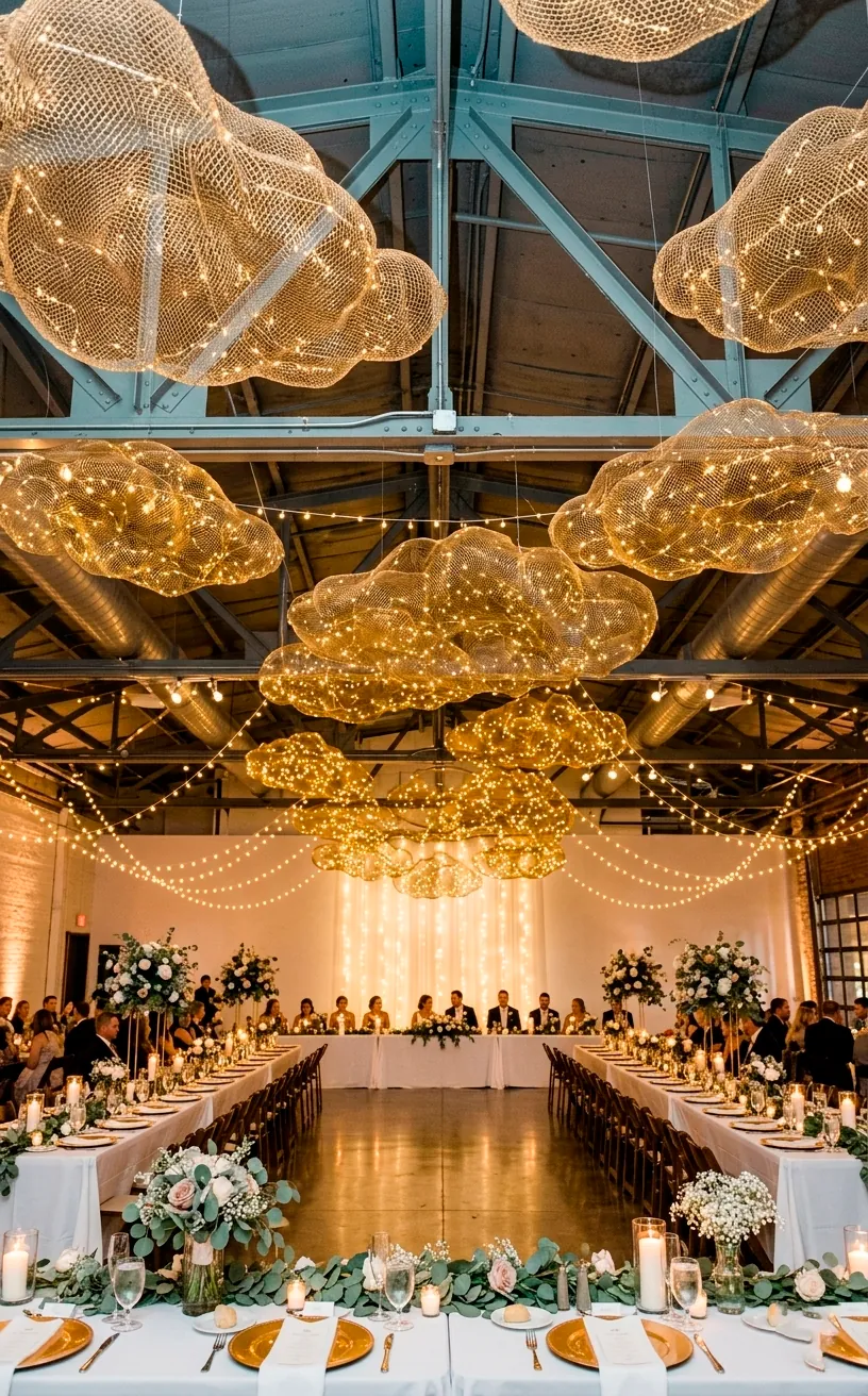Gold wire mesh sculptural clouds hanging from a wedding reception ceiling.