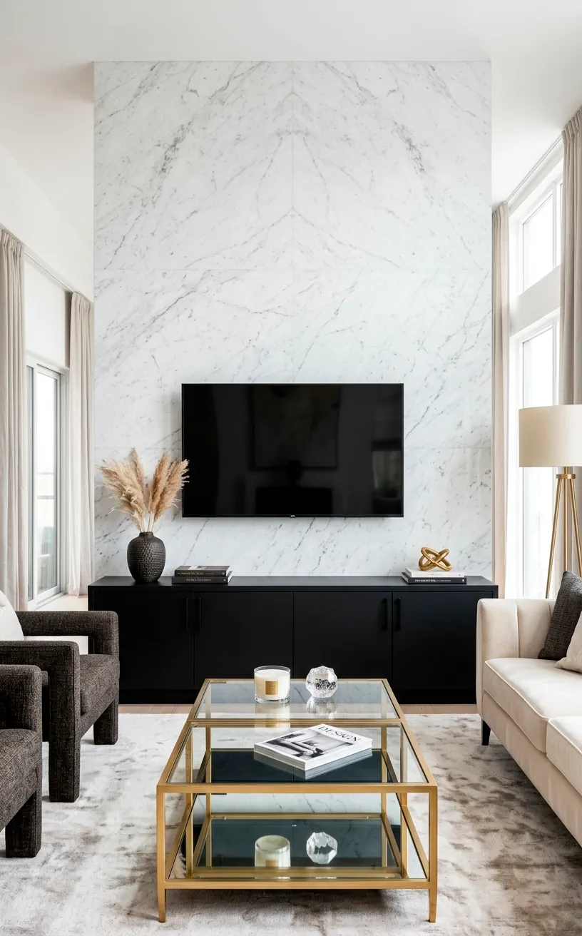 Luxury matte black TV unit against a white marble accent wall.