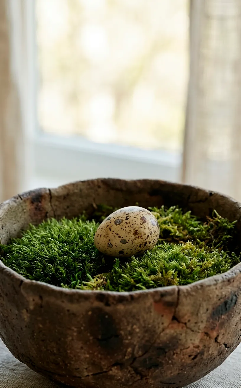 Close-up of a clay bowl with moss and a speckled stone egg, minimalist spring decor.