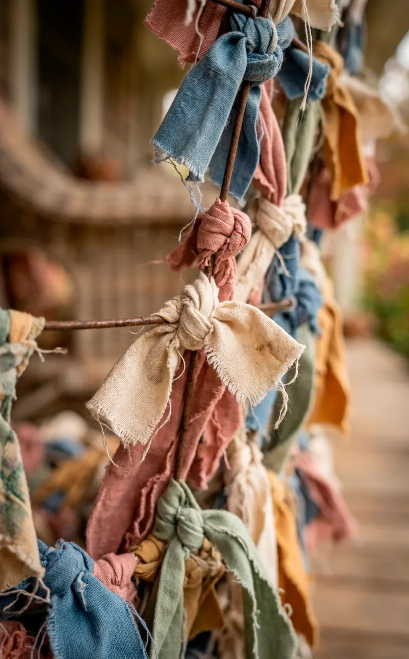 Macro detail of frayed fabric strips on a handmade patriotic rag wreath.