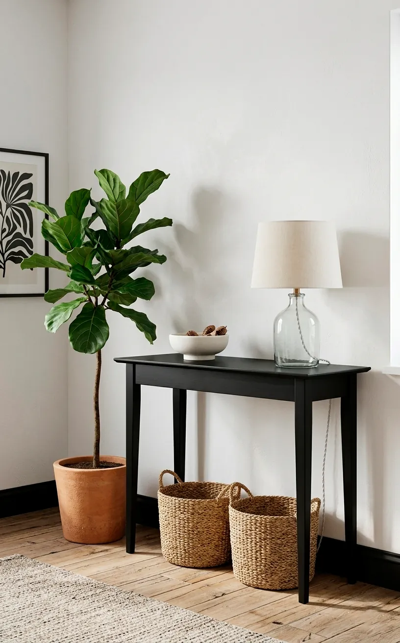 Narrow black Shaker console table with tapered legs in a hallway.