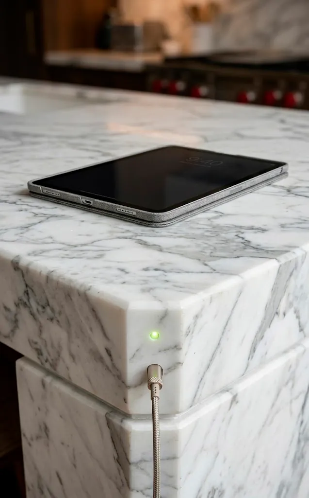 Modern marble countertop with hidden induction charging and a small status LED.